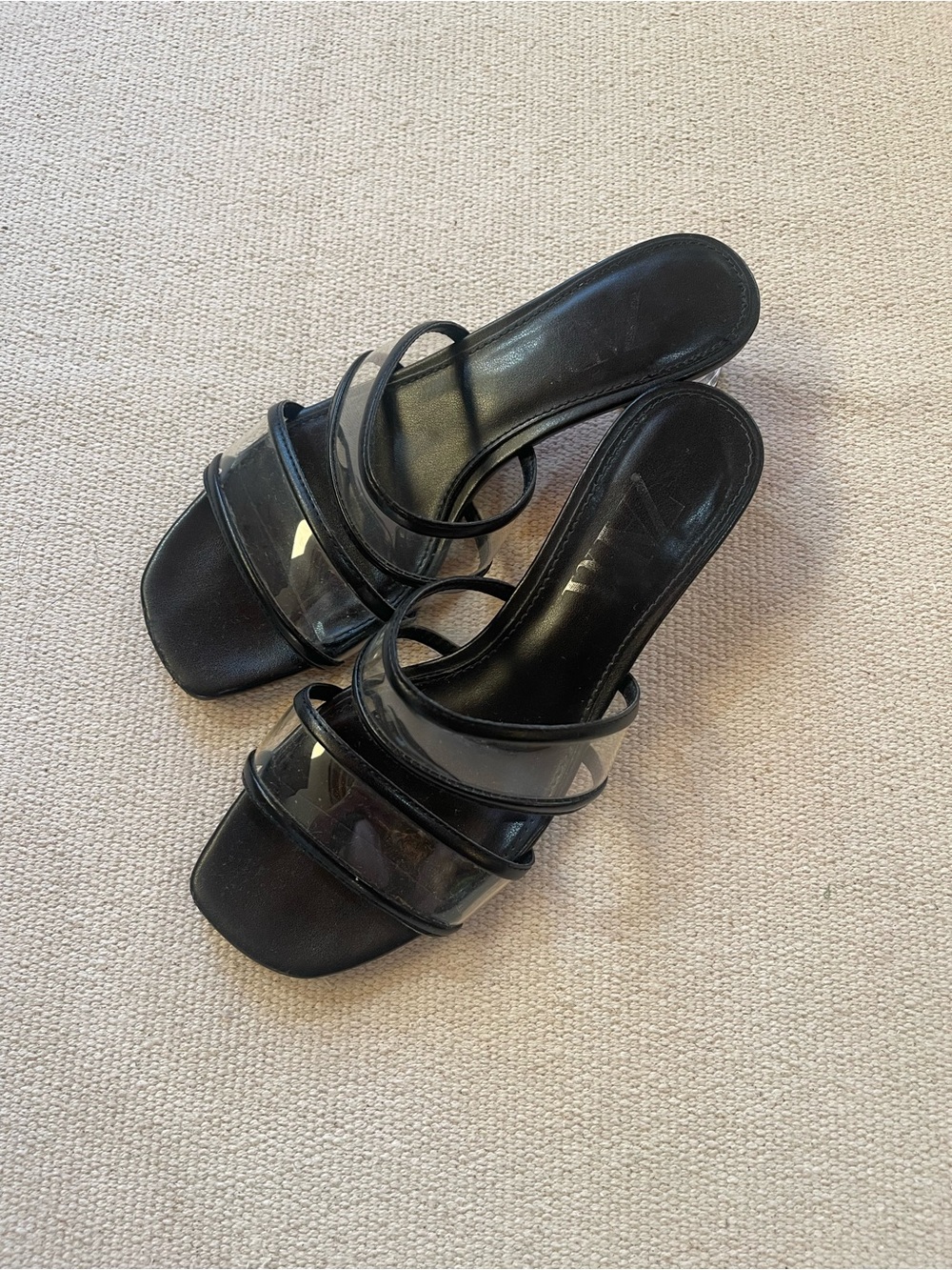 Zara Black Strappy Sandals with Clear Lucite Heel — Square Toe — Size 36 / US 6